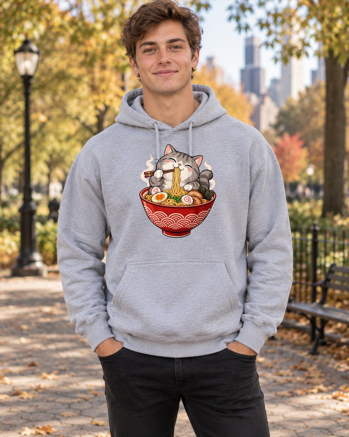 Cat Eating Ramen Hoodie in sport grey worn by a model