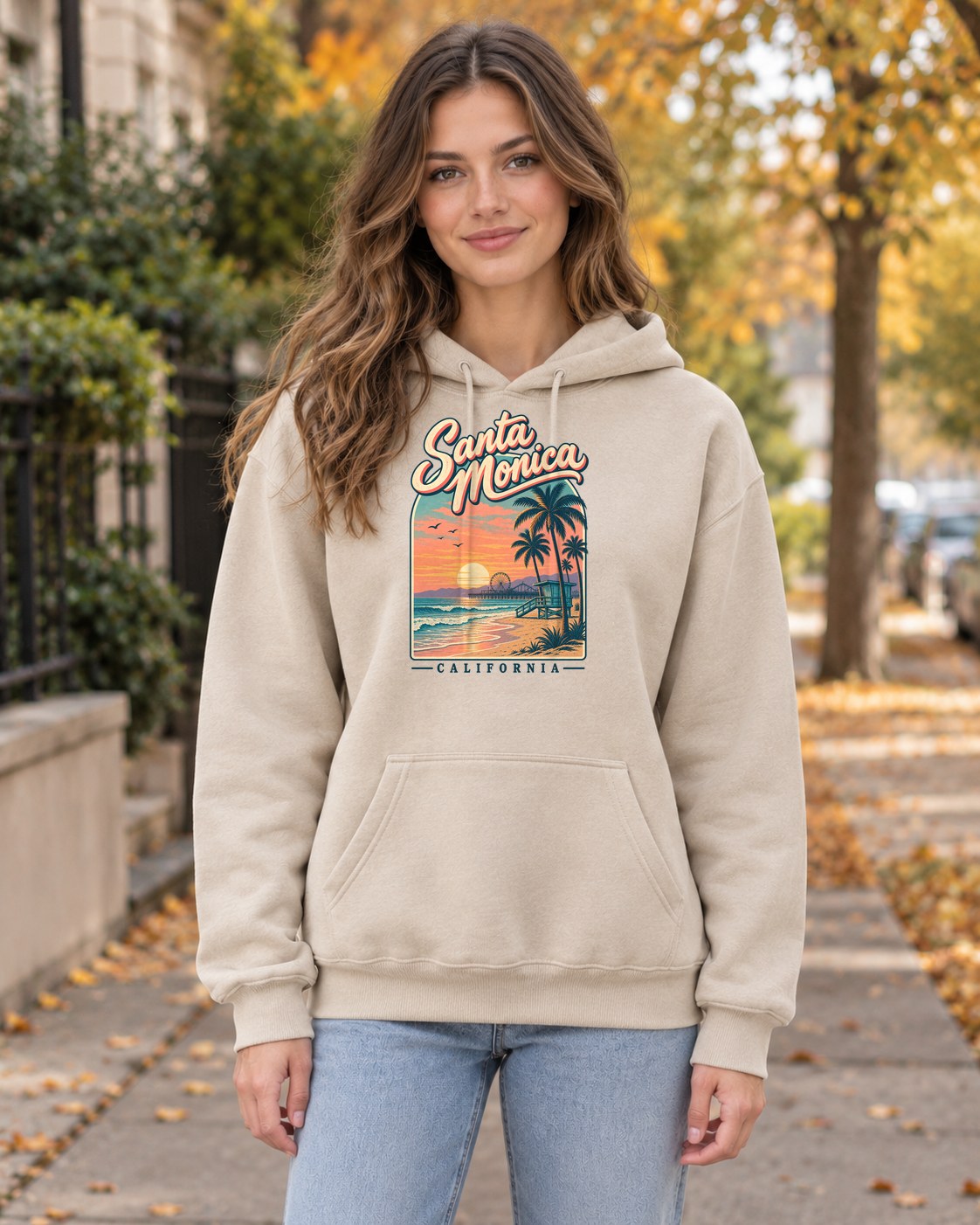 Santa Monica Sunset Hoodie in sand worn by a model