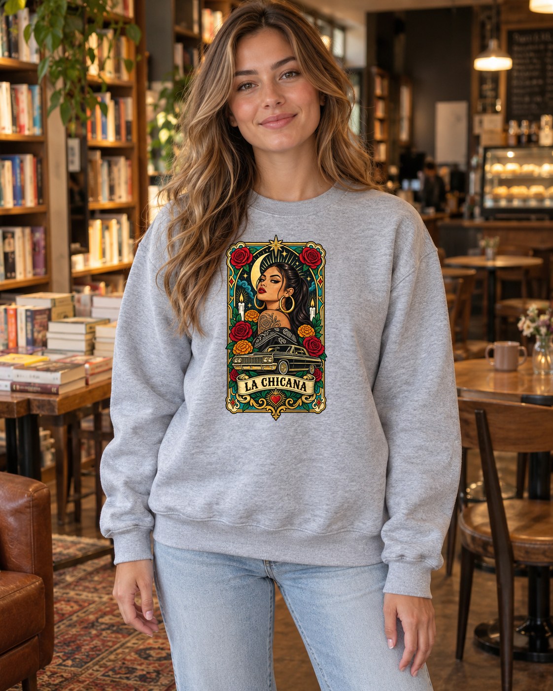 La Chicana Card Crewneck Sweatshirt in sport grey worn by a model