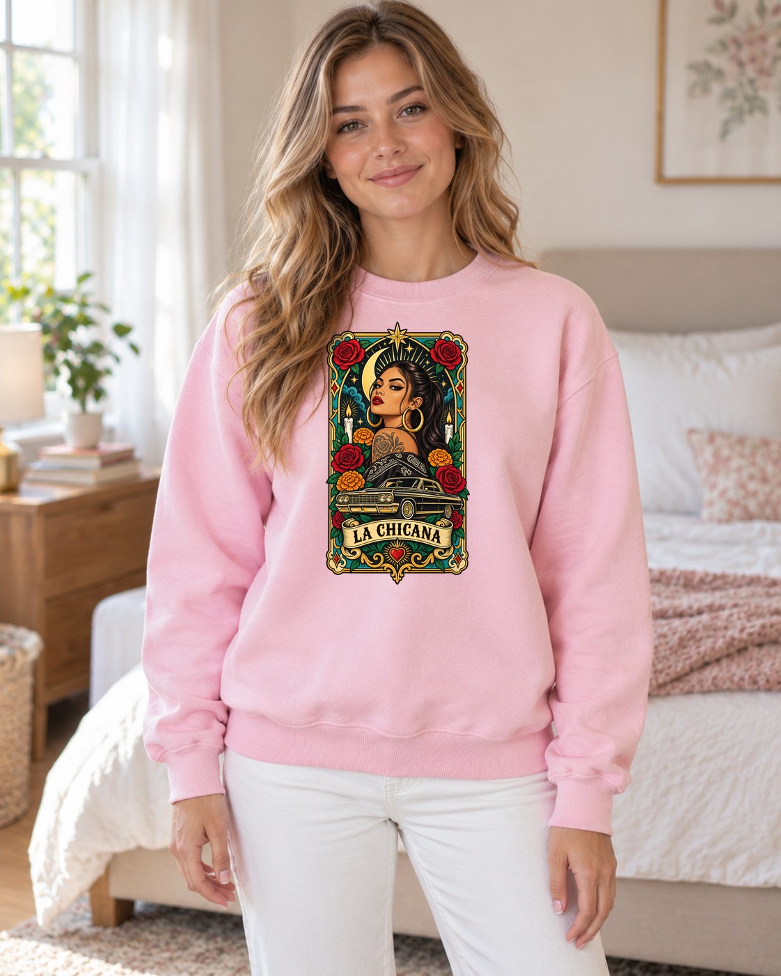 La Chicana Card Crewneck Sweatshirt in light pink worn by a model