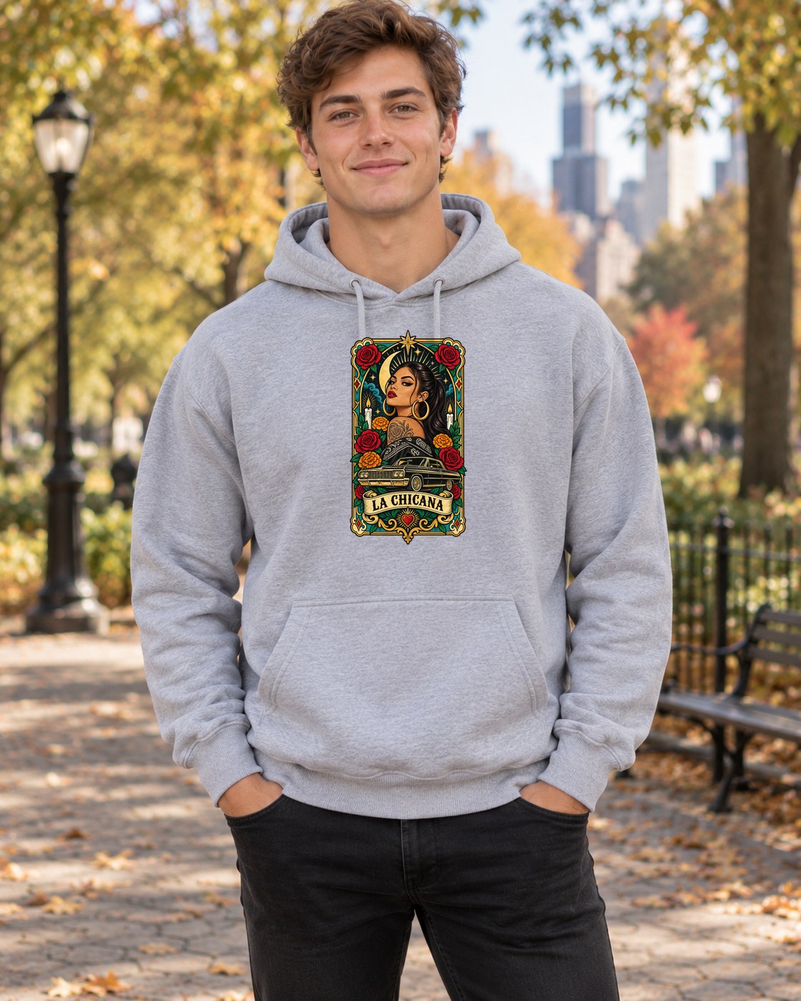 La Chicana Card Hoodie in sport grey worn by a model