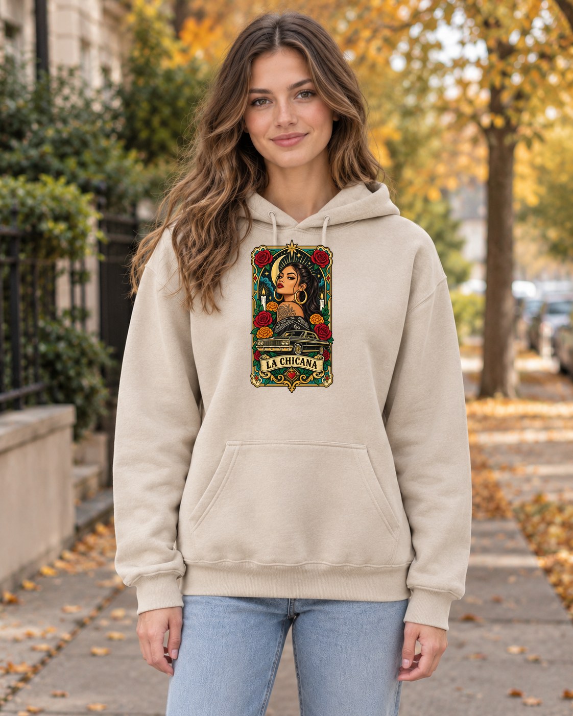 La Chicana Card Hoodie in sand worn by a model