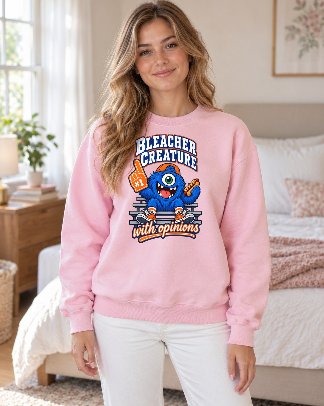 Bleacher Creature Crewneck Sweatshirt in light pink worn by a model