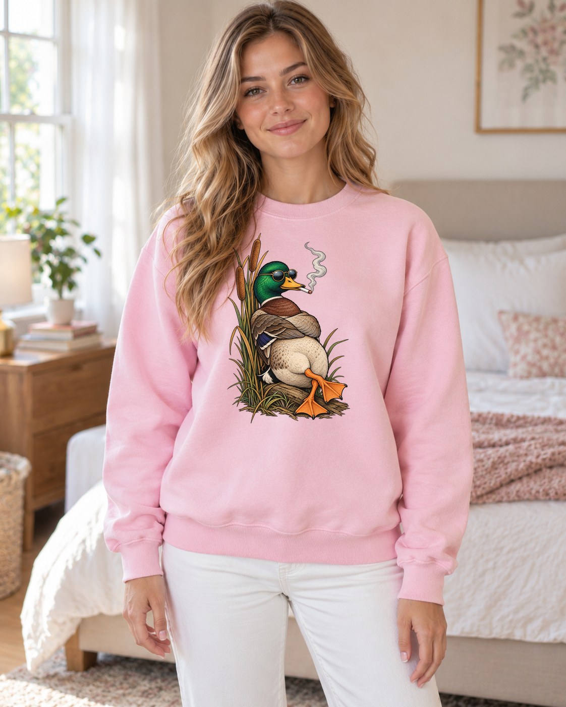 Smoking Mallard Crewneck Sweatshirt in light pink worn by a model