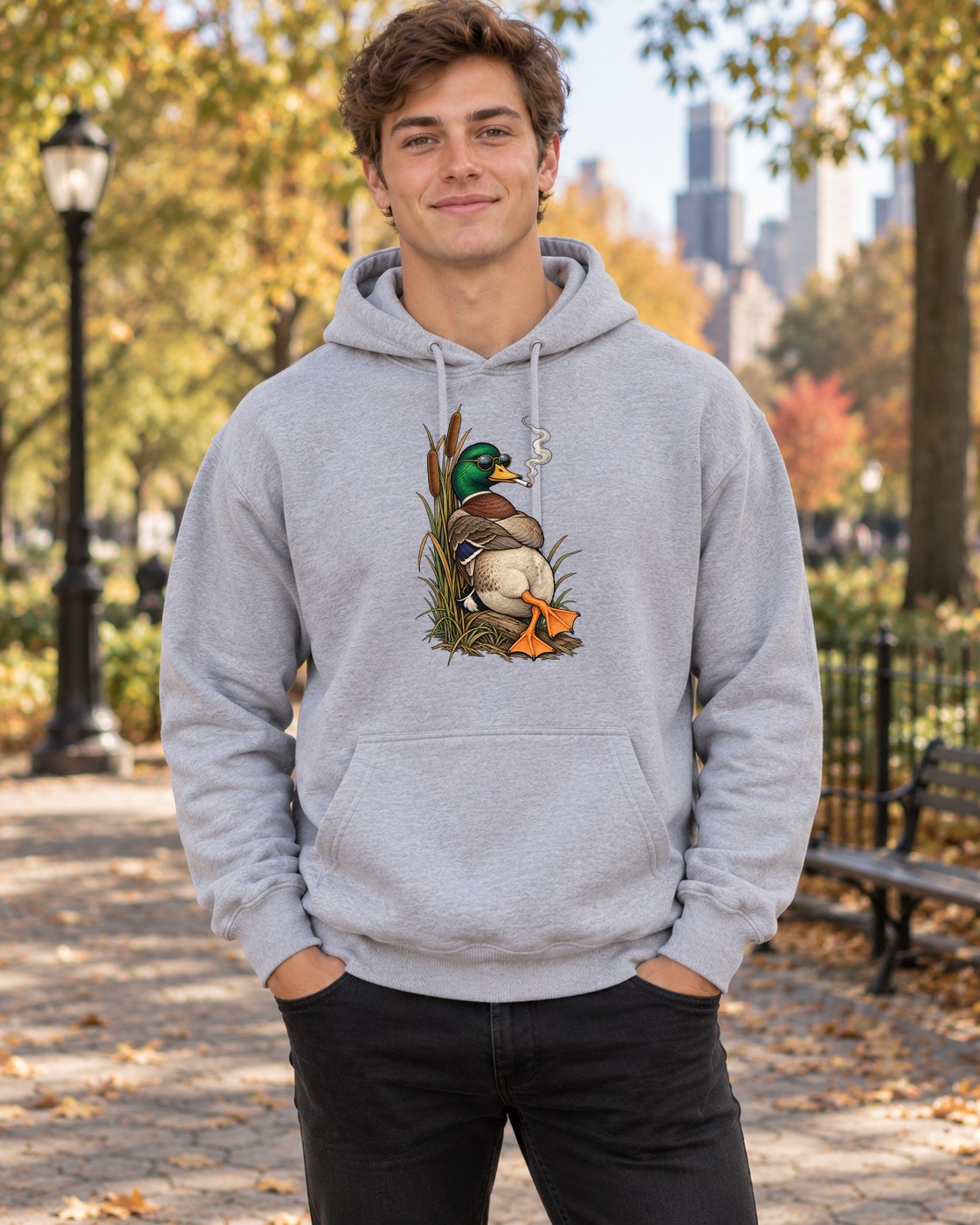 Smoking Mallard Hoodie in sport grey worn by a model