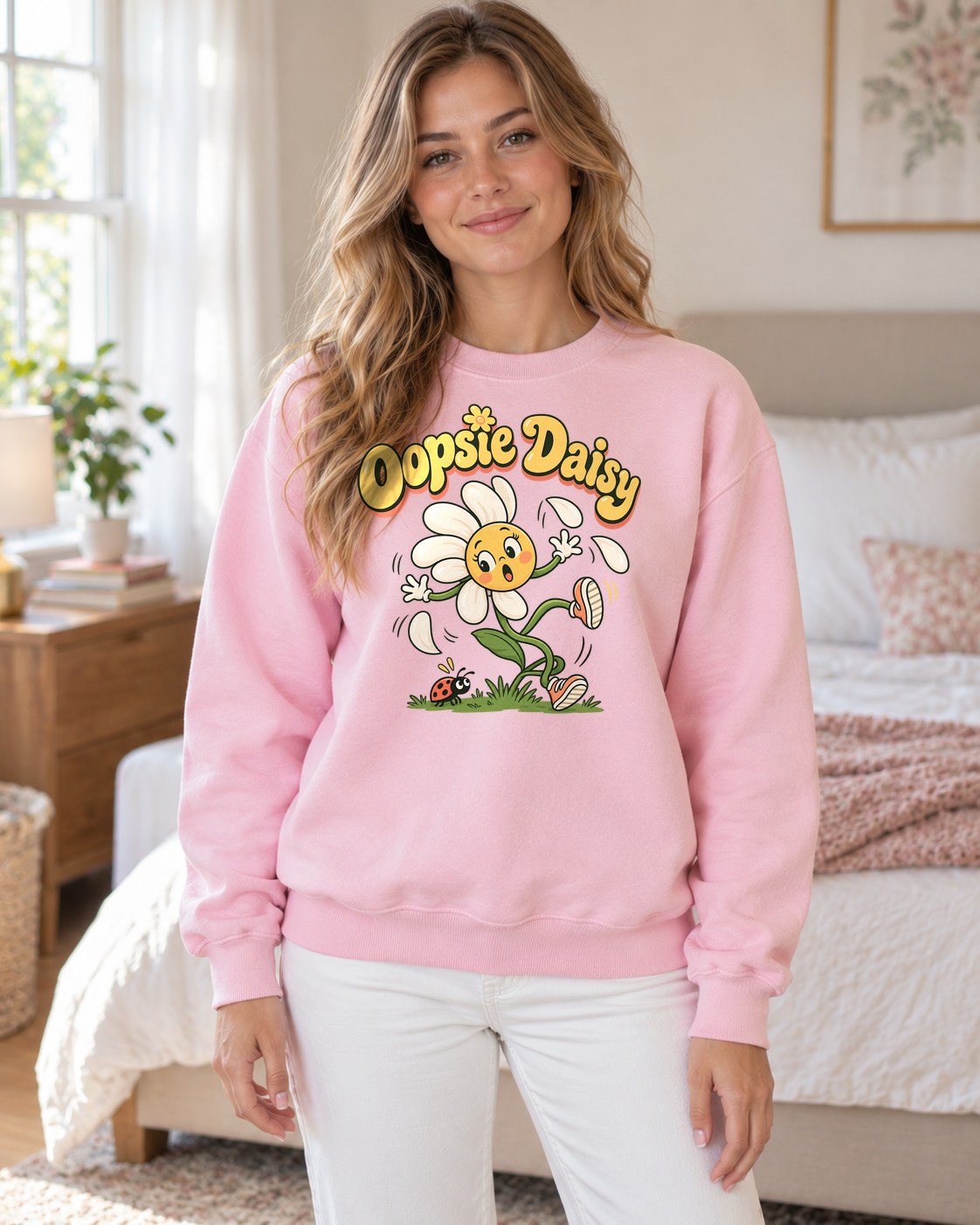 Oopsie Daisy Crewneck Sweatshirt in light pink worn by a model