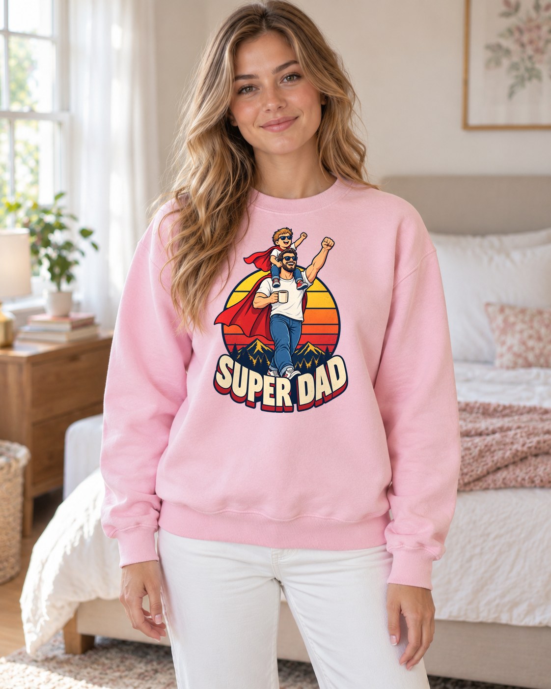 Super Dad Crewneck Sweatshirt in light pink worn by a model