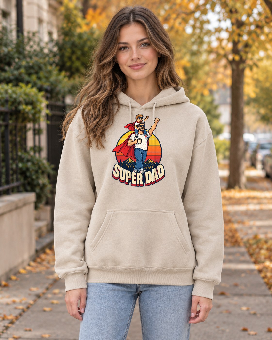 Super Dad Hoodie in sand worn by a model