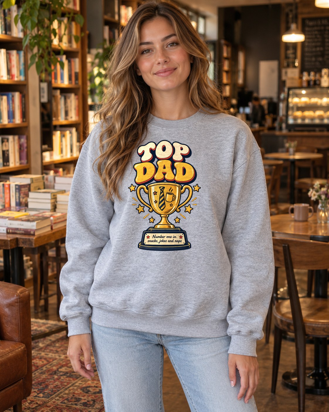 Top Dad Trophy Crewneck Sweatshirt in sport grey worn by a model