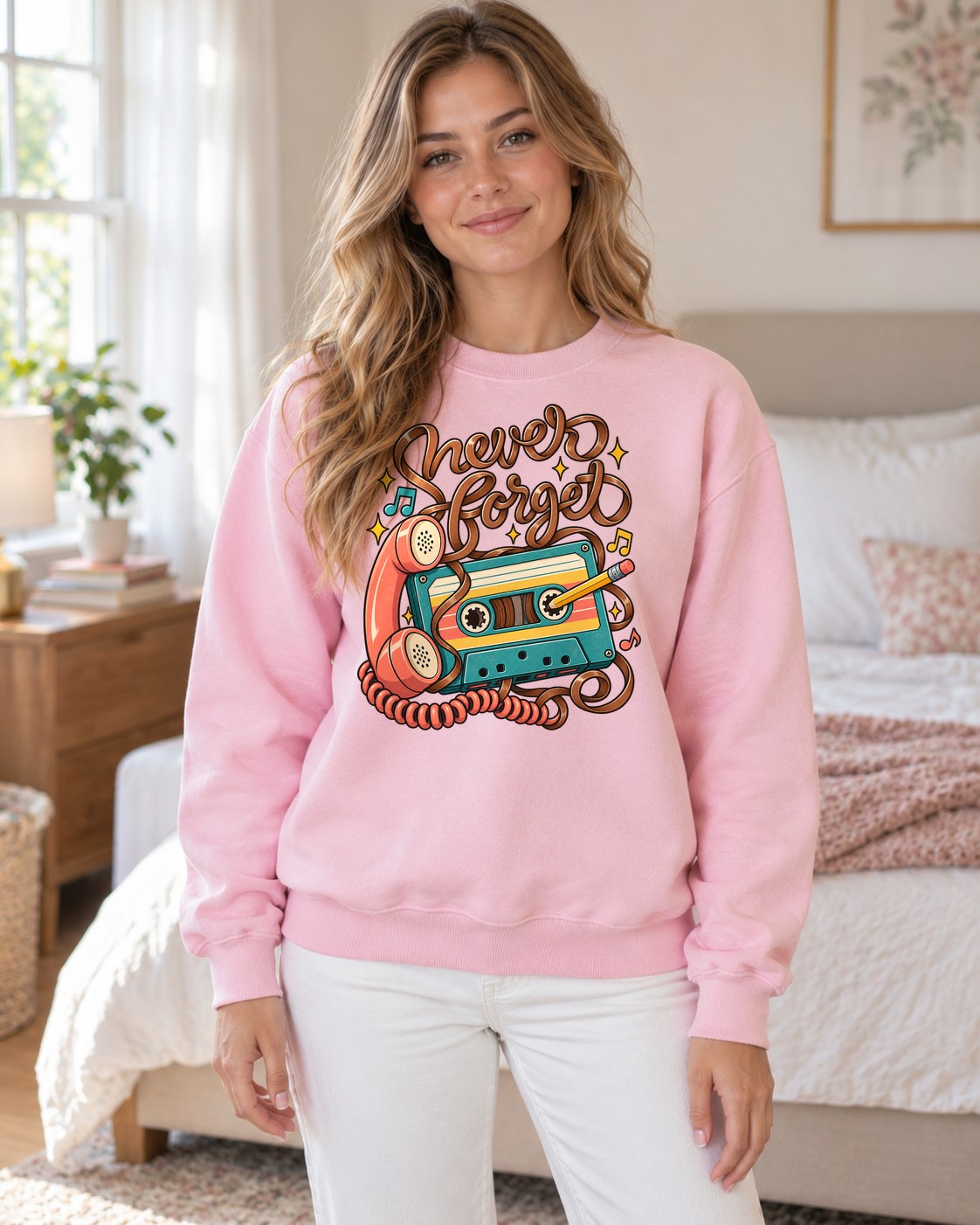 Never Forget Cassette Crewneck Sweatshirt in light pink worn by a model