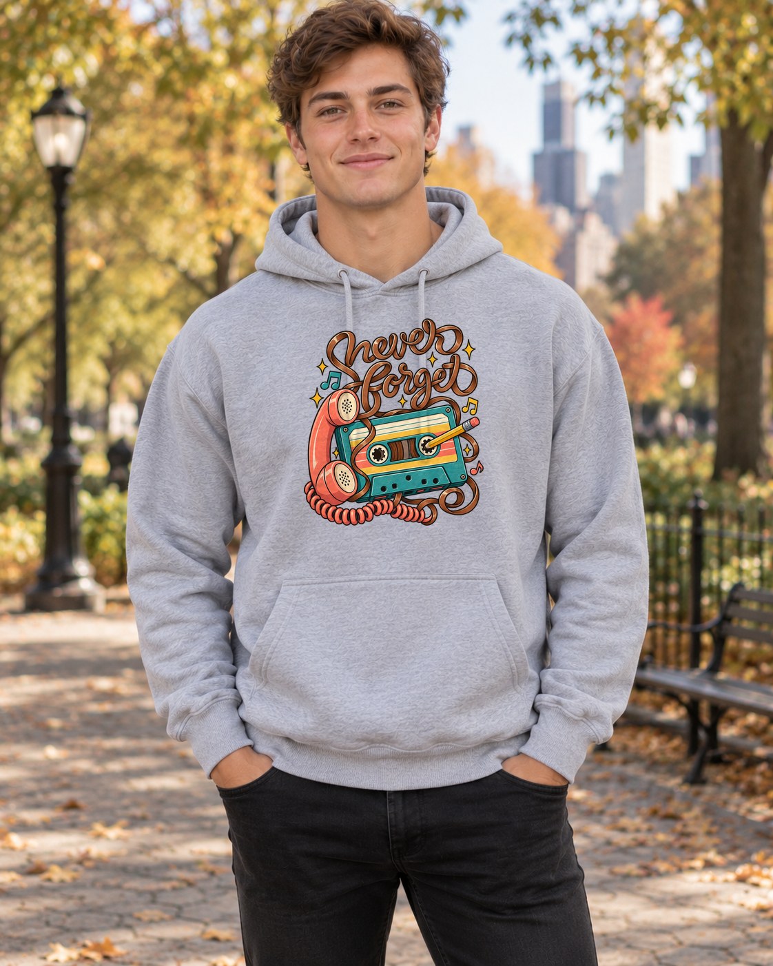 Never Forget Cassette Hoodie in sport grey worn by a model