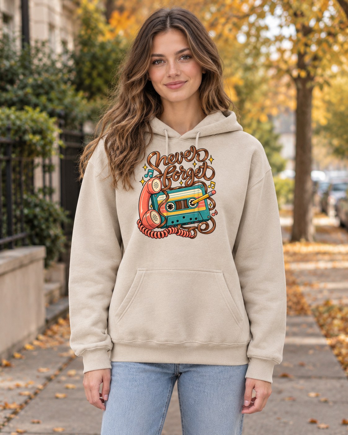 Never Forget Cassette Hoodie in sand worn by a model