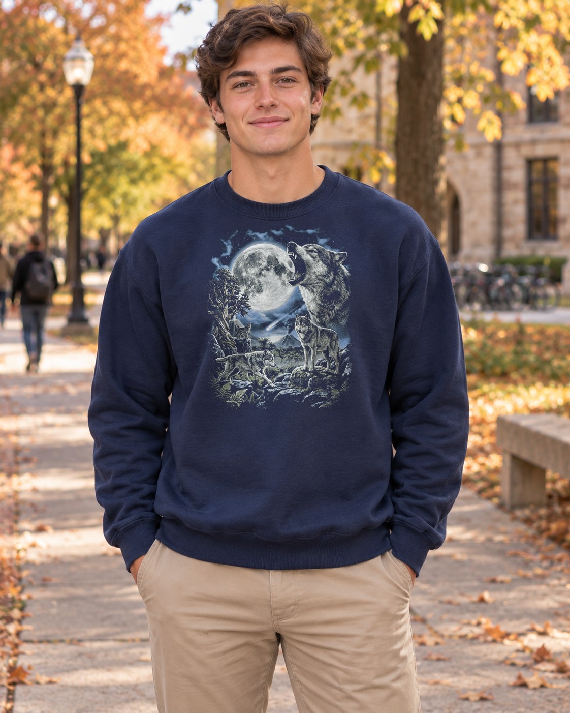 Howling Wolf Moon Crewneck Sweatshirt in navy worn by a model