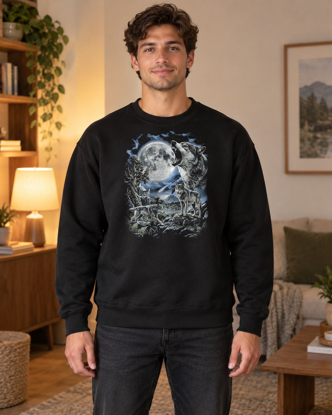 Howling Wolf Moon Crewneck Sweatshirt in black worn by a model