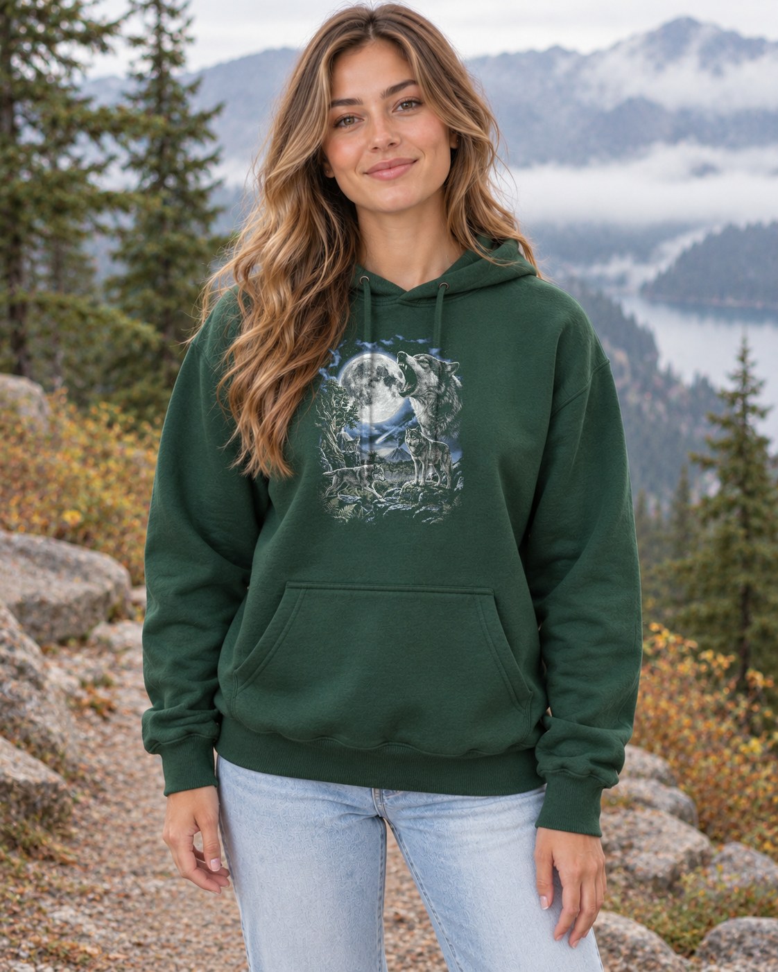 Howling Wolf Moon Hoodie in forest green worn by a model