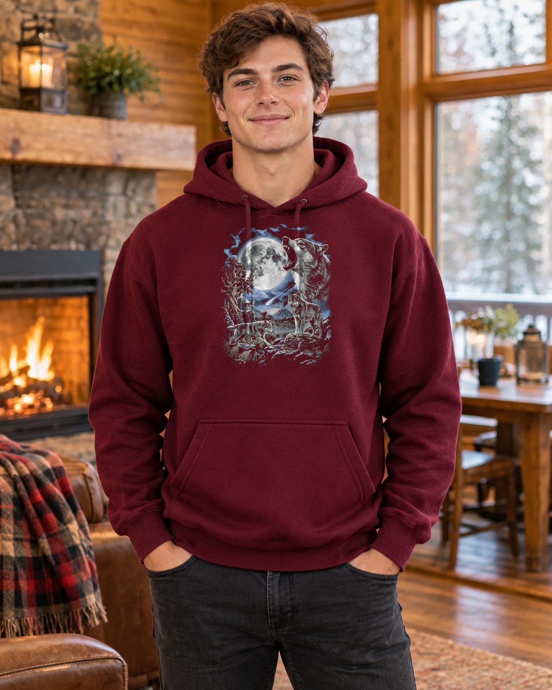 Howling Wolf Moon Hoodie in maroon worn by a model