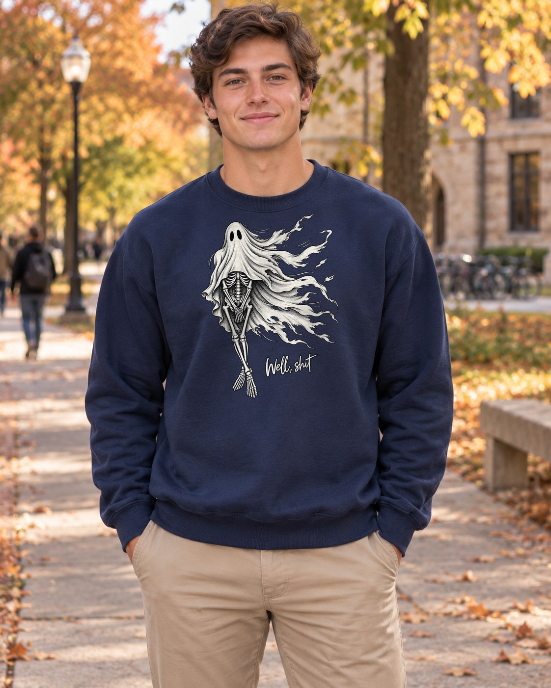 Well Shit Skeleton Ghost Crewneck Sweatshirt in navy worn by a model