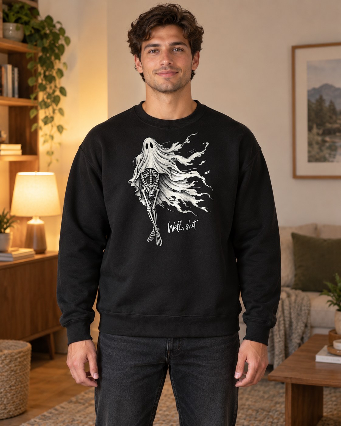 Well Shit Skeleton Ghost Crewneck Sweatshirt in black worn by a model