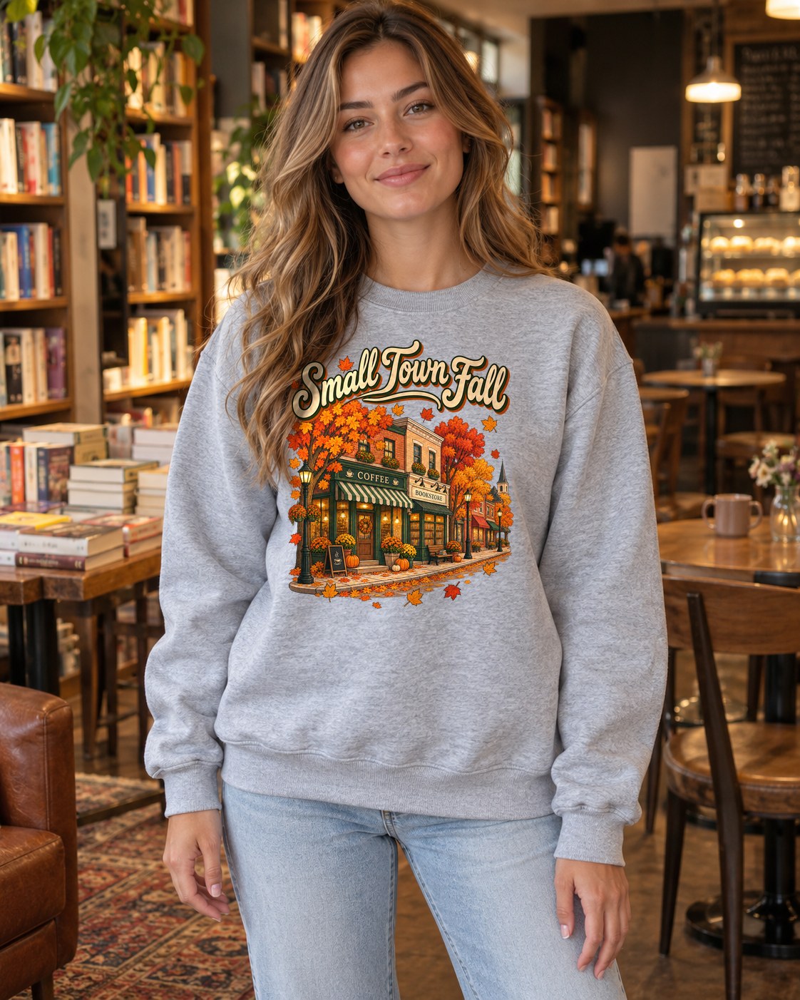 Small Town Fall Crewneck Sweatshirt in sport grey worn by a model