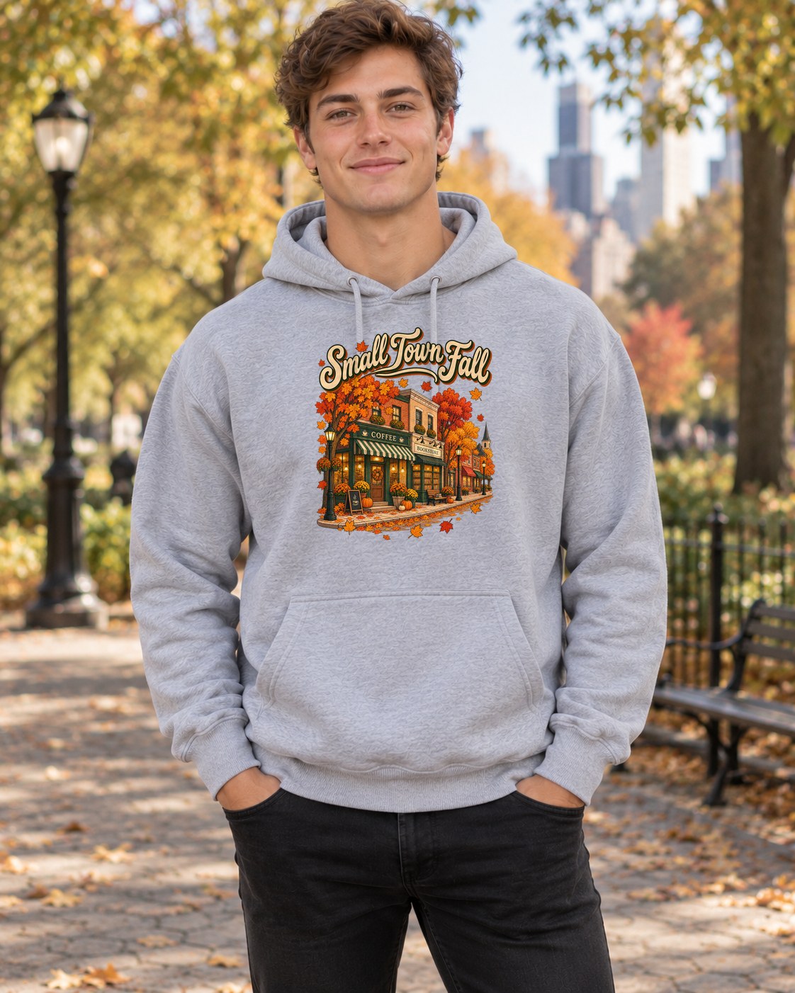 Small Town Fall Hoodie in sport grey worn by a model