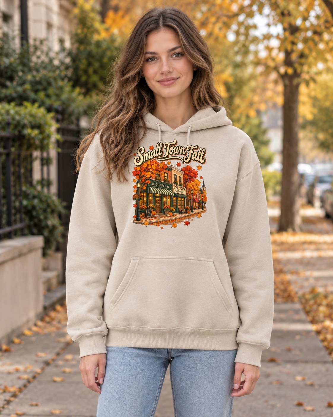 Small Town Fall Hoodie in sand worn by a model
