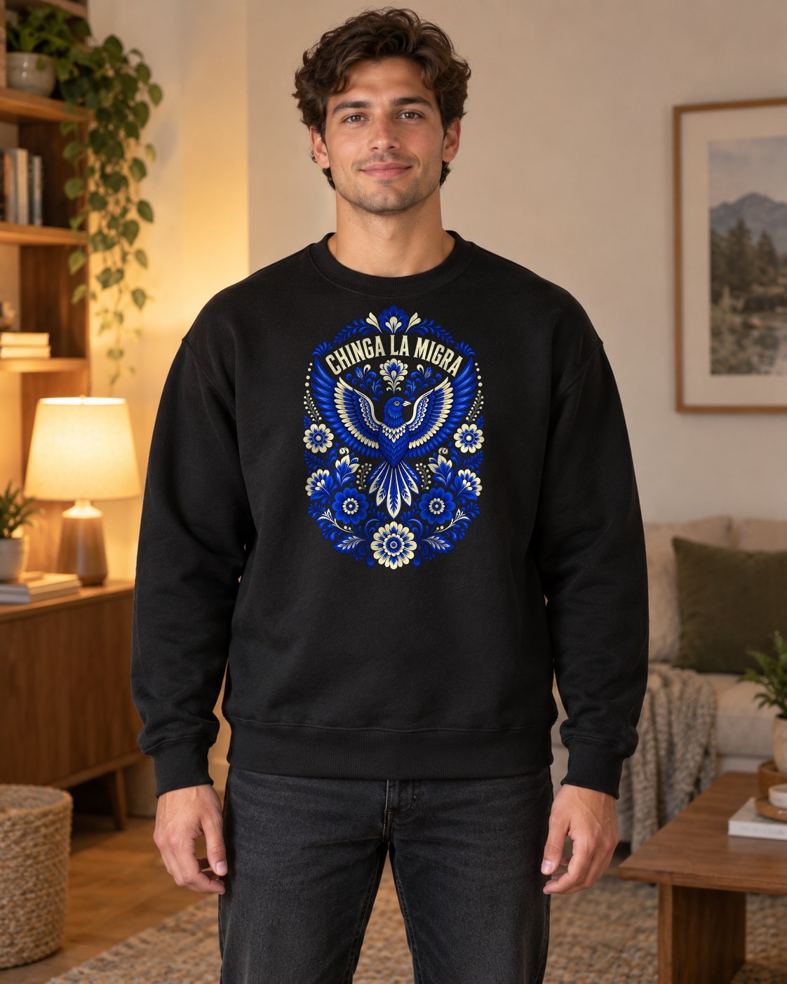 Chinga La Migra Folk Art Crewneck Sweatshirt in black worn by a model