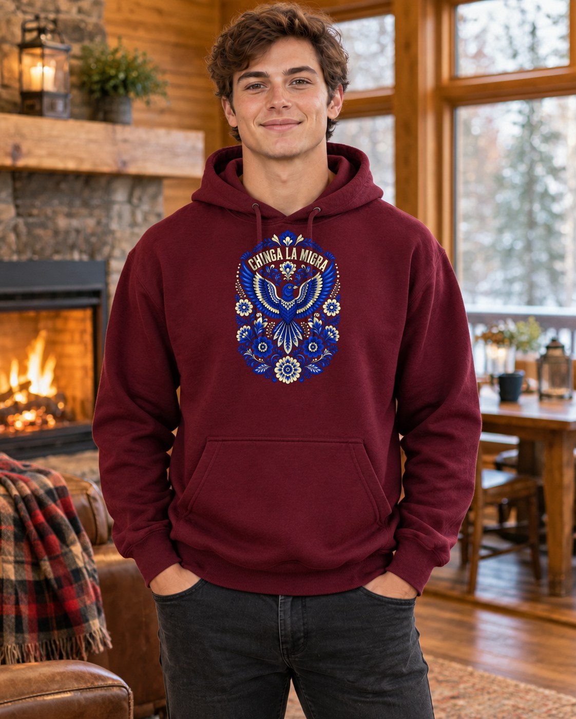 Chinga La Migra Folk Art Hoodie in maroon worn by a model