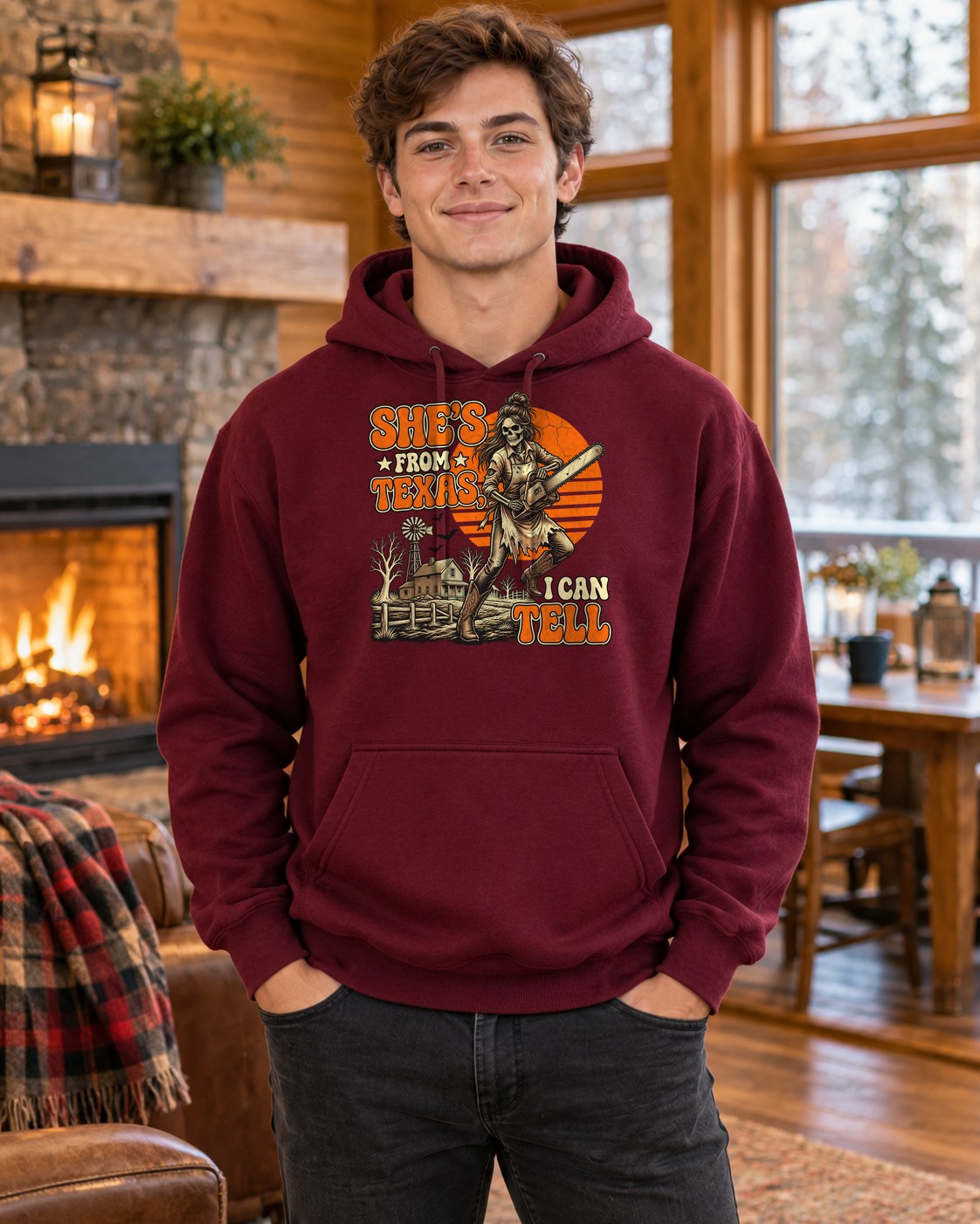 She's From Texas Skeleton Hoodie in maroon worn by a model