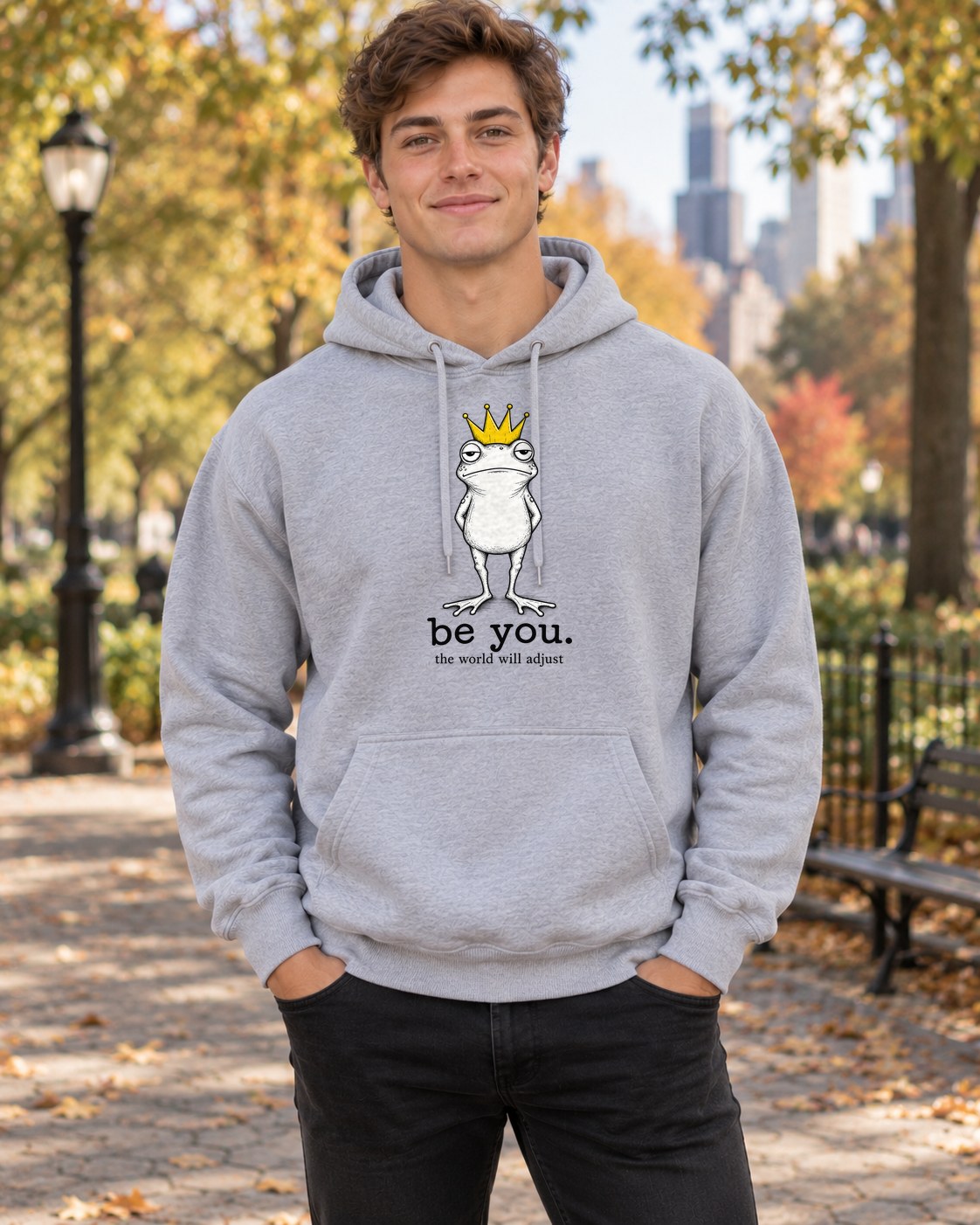 Be You Frog Hoodie in sport grey worn by a model