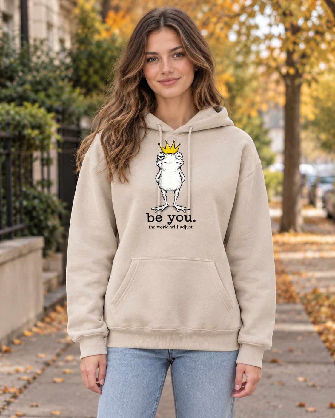 Be You Frog Hoodie in sand worn by a model