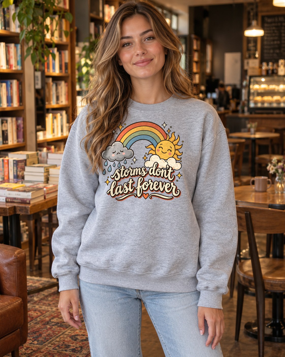 Storms Don't Last Forever Crewneck Sweatshirt in sport grey worn by a model