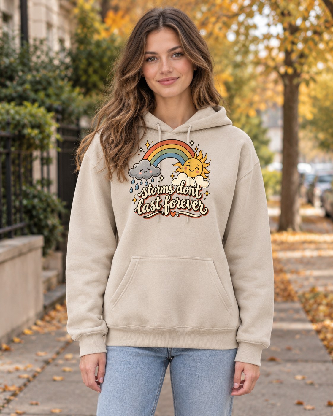 Storms Don't Last Forever Hoodie in sand worn by a model