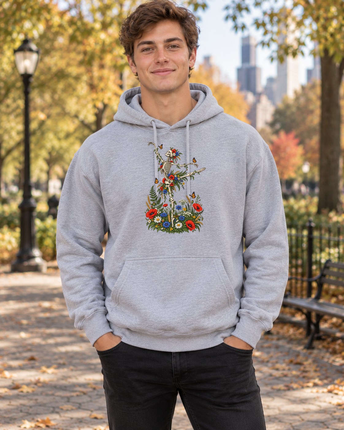 Skeleton Arabesque Wildflower Hoodie in sport grey worn by a model