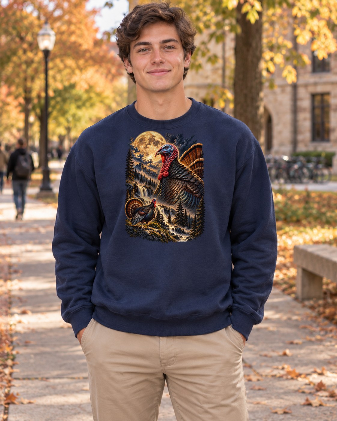 Turkey Howling at the Moon Crewneck Sweatshirt in navy worn by a model