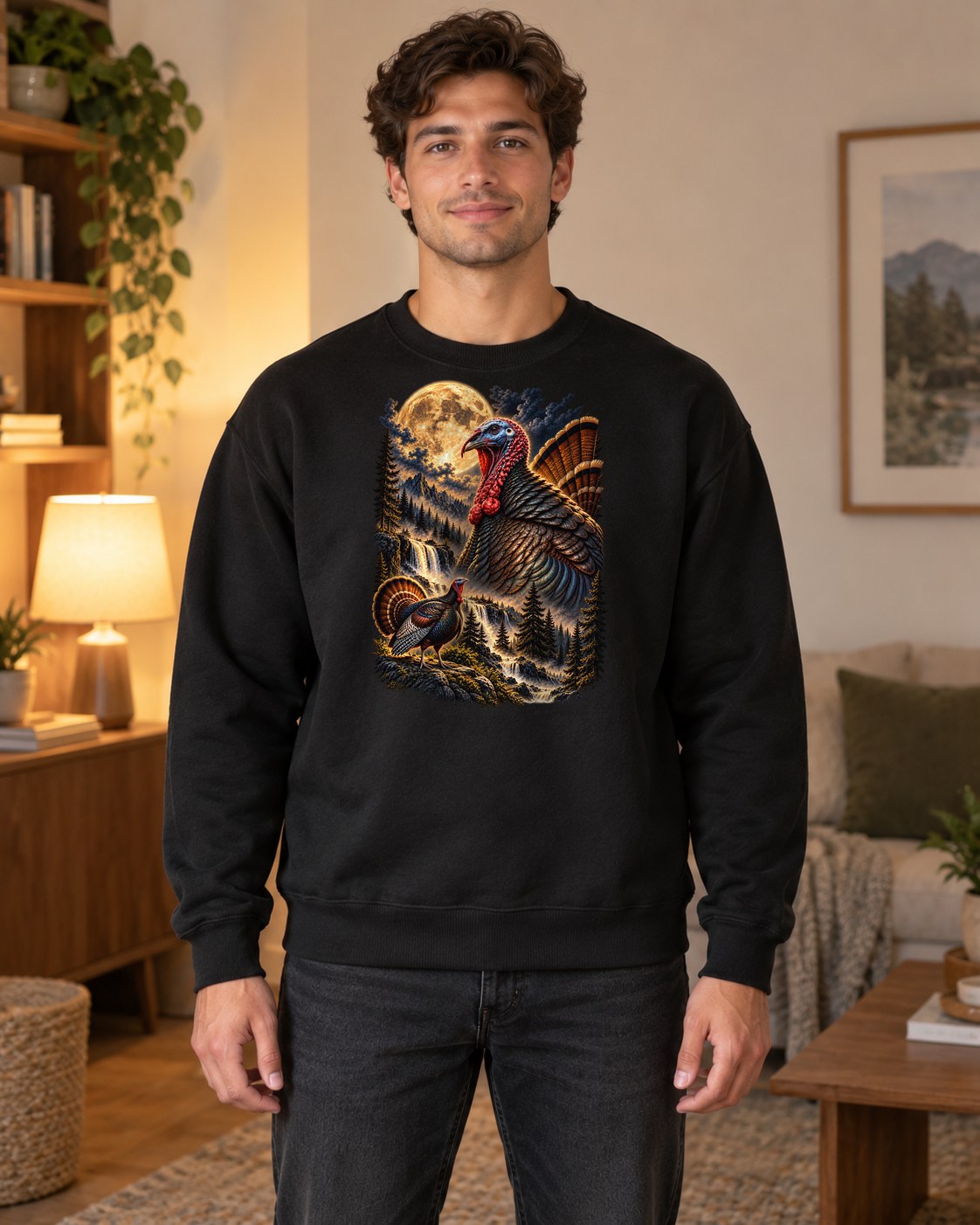 Turkey Howling at the Moon Crewneck Sweatshirt in black worn by a model