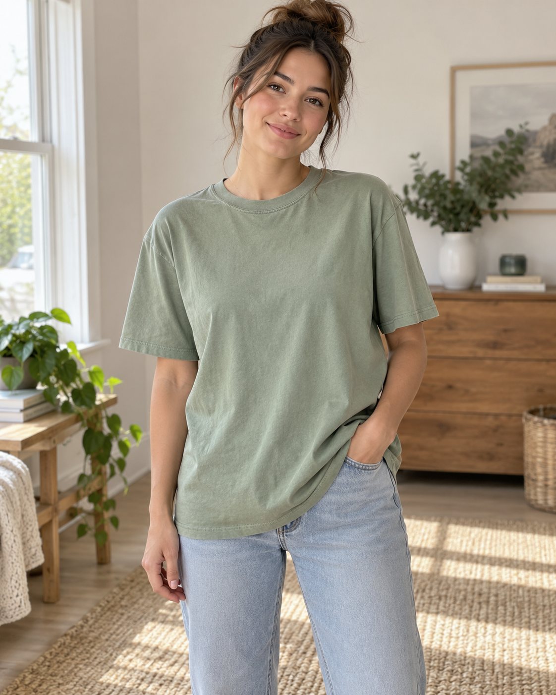 Person wearing a relaxed fit sage garment dyed tee with jeans