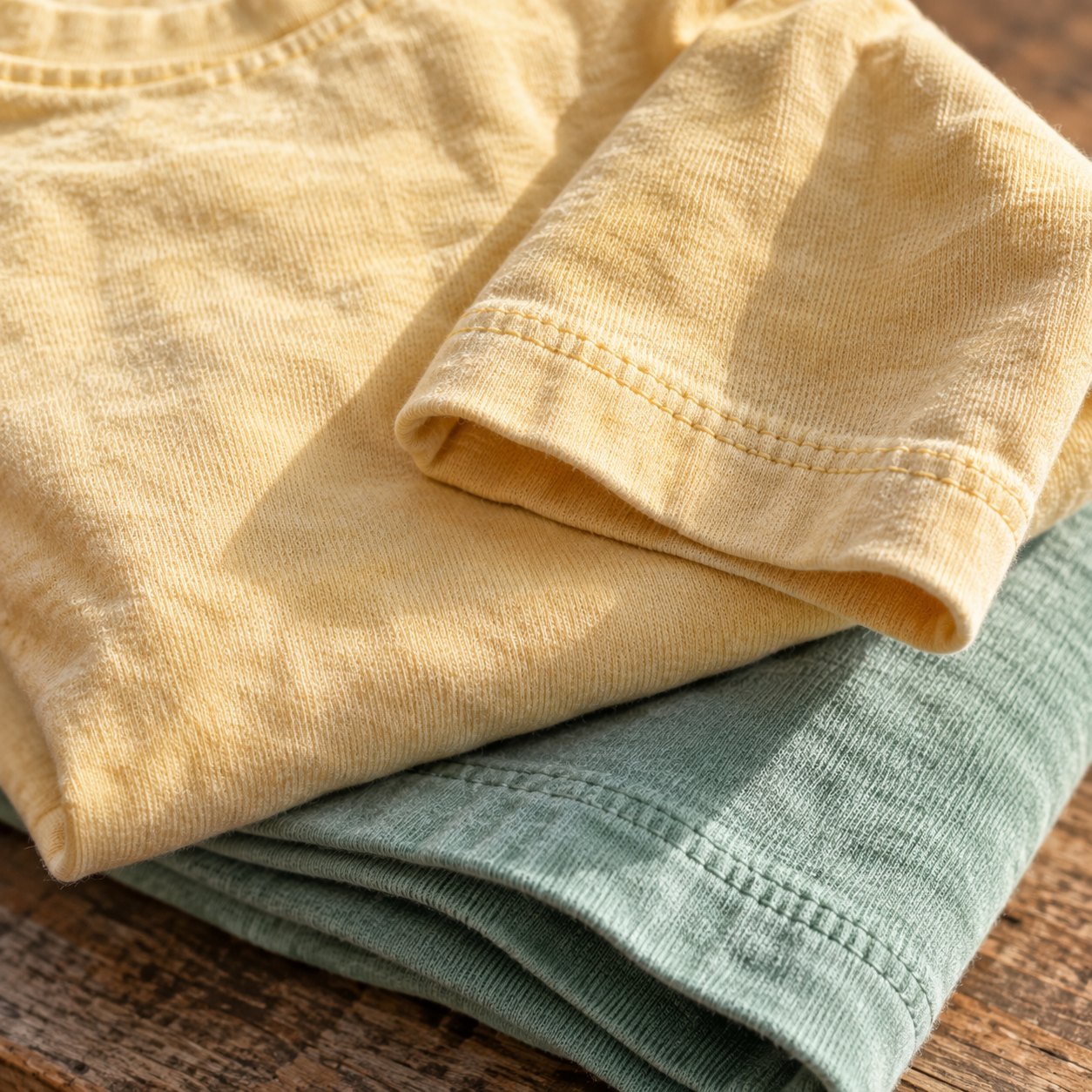 Close up of soft garment dyed cotton in butter yellow and mint
