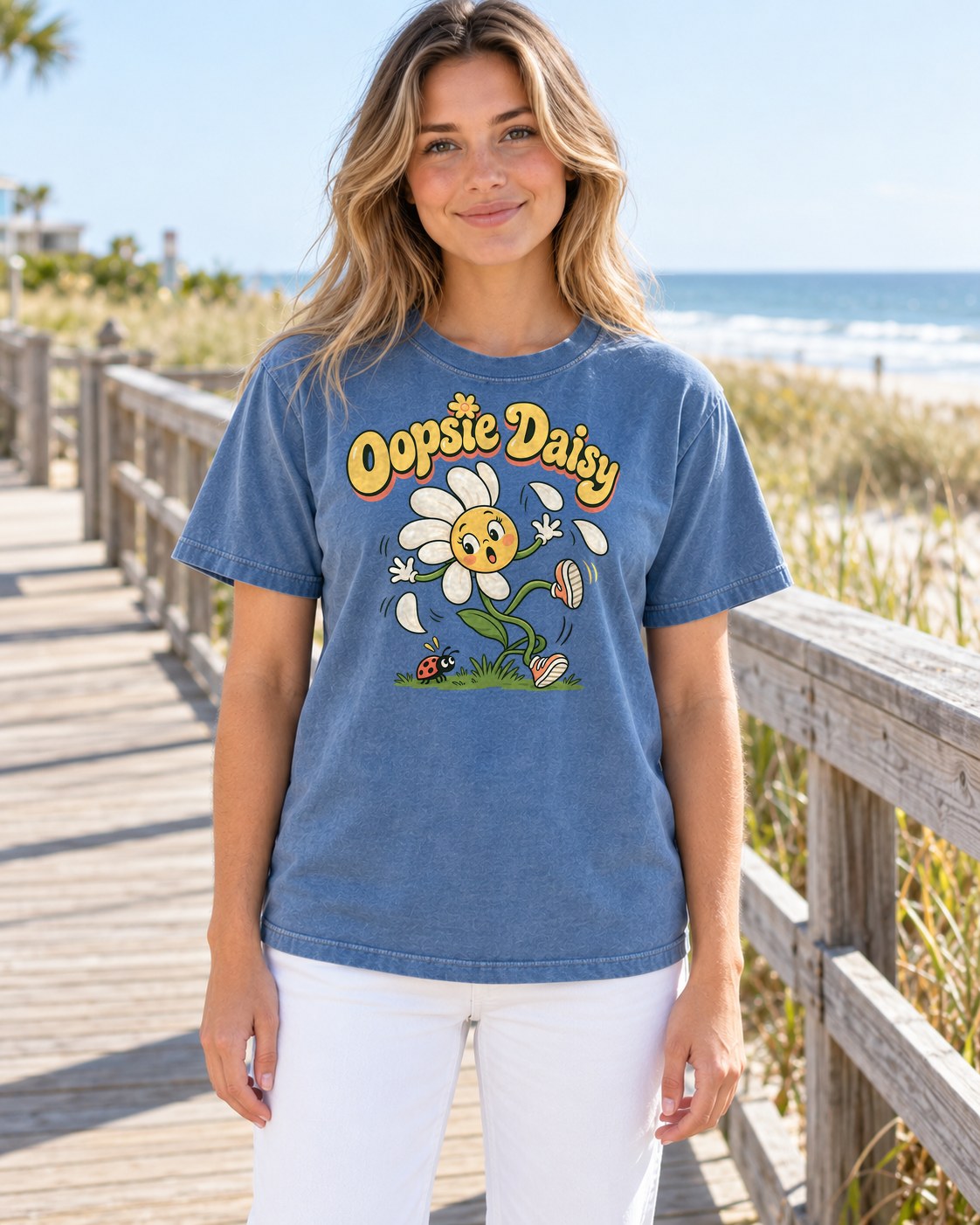 Oopsie Daisy Tee in blue jean, worn by a model