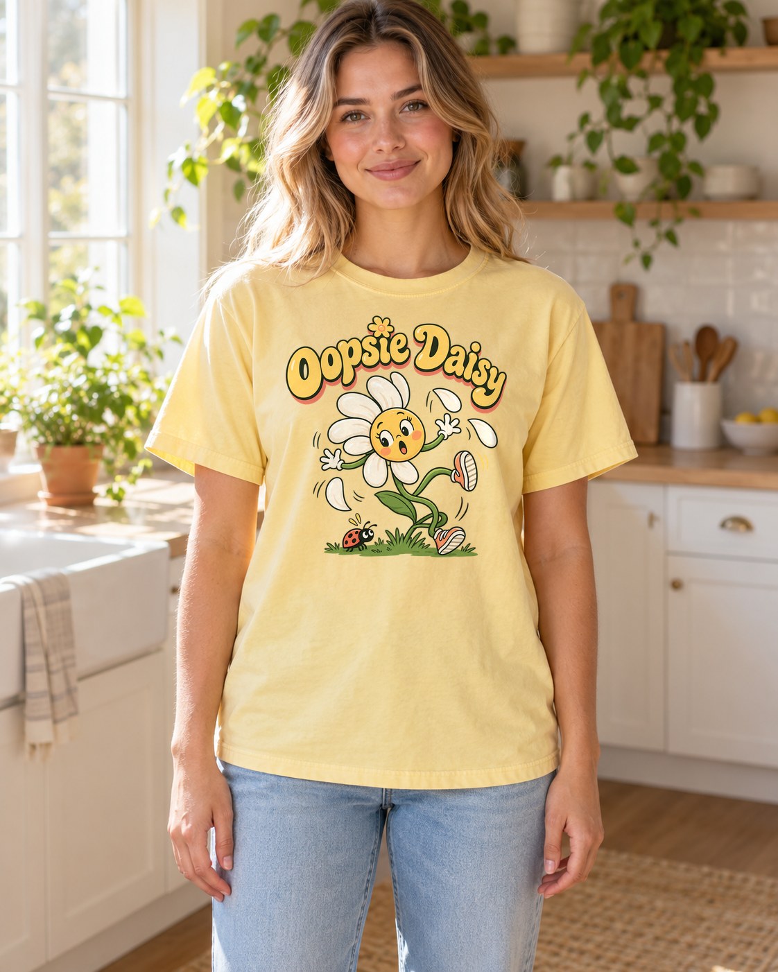 Oopsie Daisy Tee in butter, worn by a model