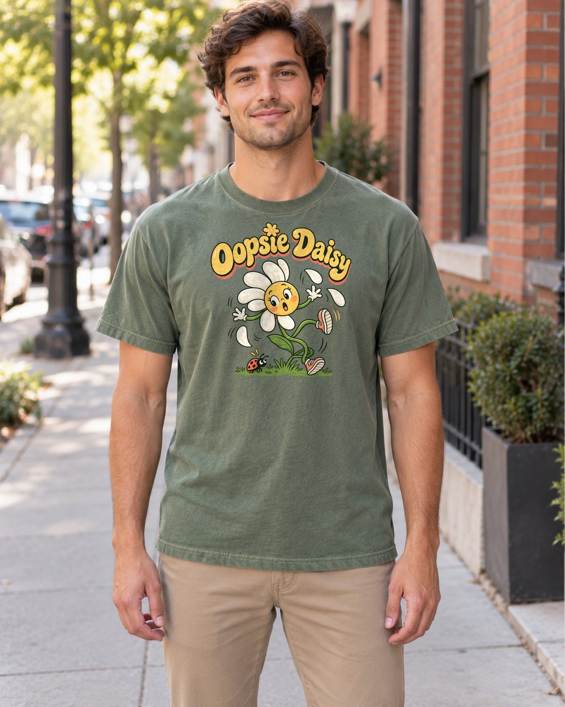 Oopsie Daisy Tee in moss, worn by a model