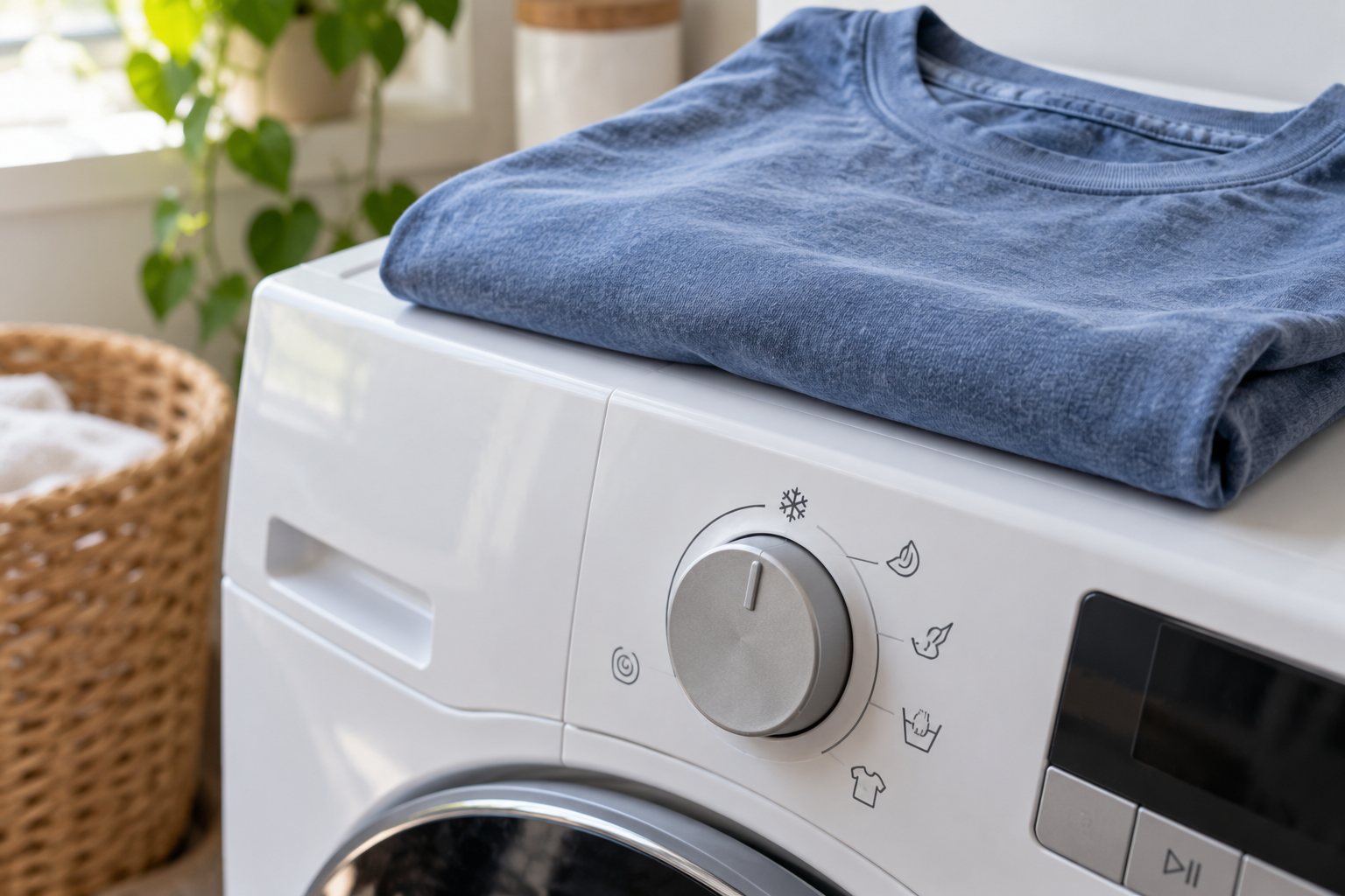 Washing machine dial set to a cold, gentle cycle with a folded blue tee on top