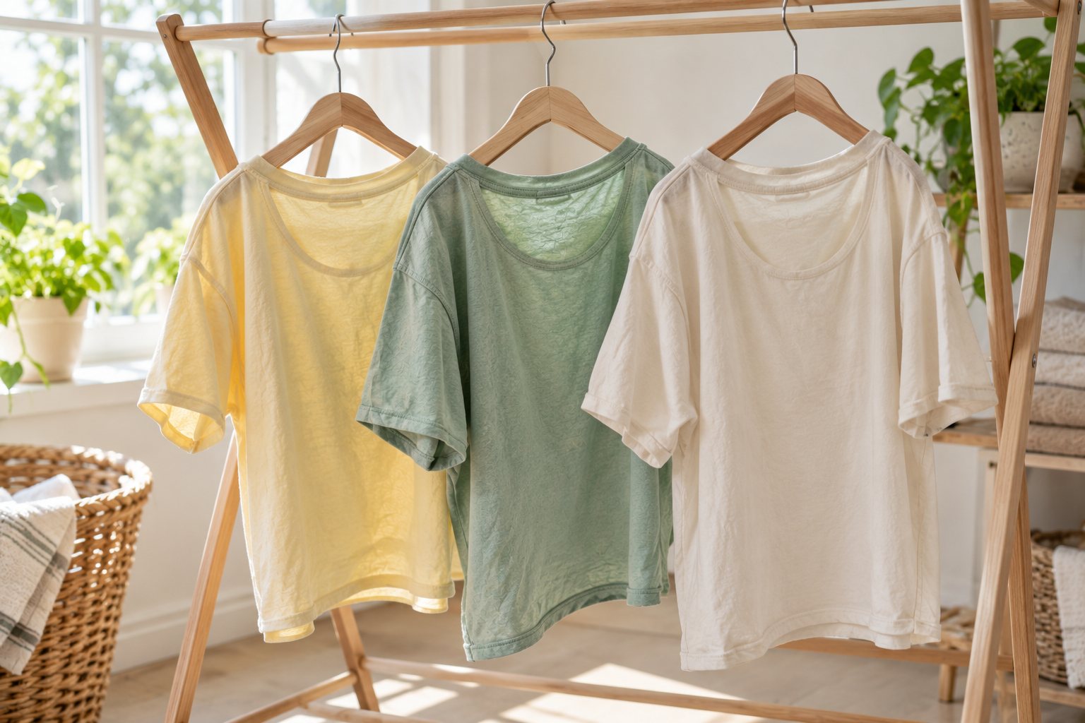 Butter, mint and ivory garment dyed tees hanging inside out to air dry