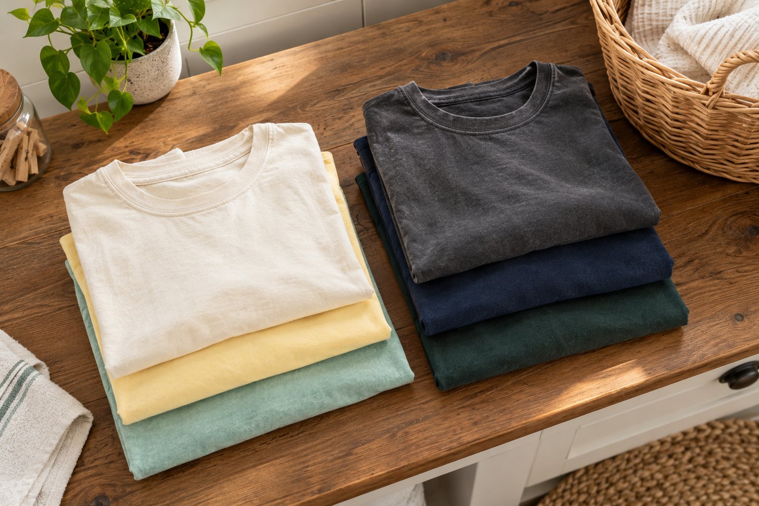 Light and dark garment dyed tees sorted into two piles before washing